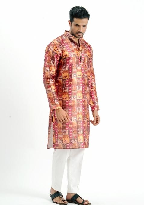 Chocolate Printed Silk Kurta For Men