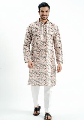Cream Printed Silk Kurta For Men