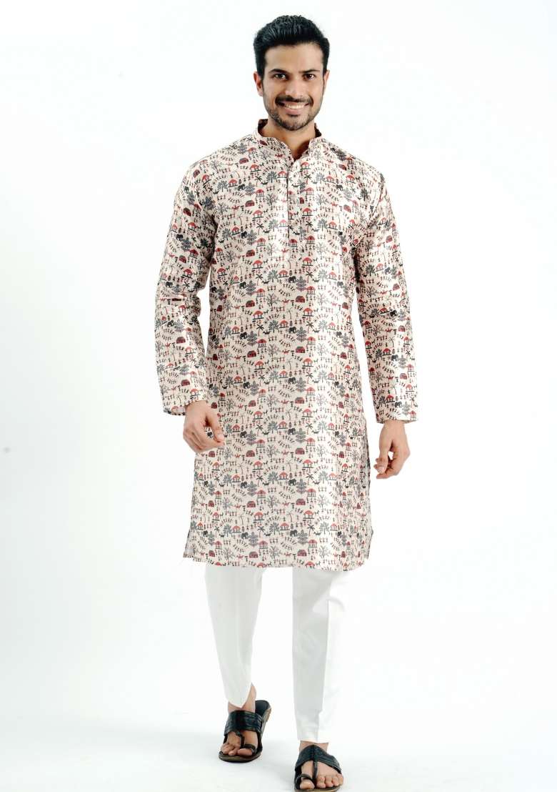 Cream Printed Silk Kurta For Men - Indya