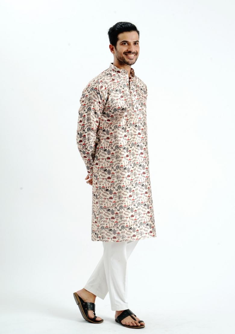 Cream Printed Silk Kurta For Men - Indya