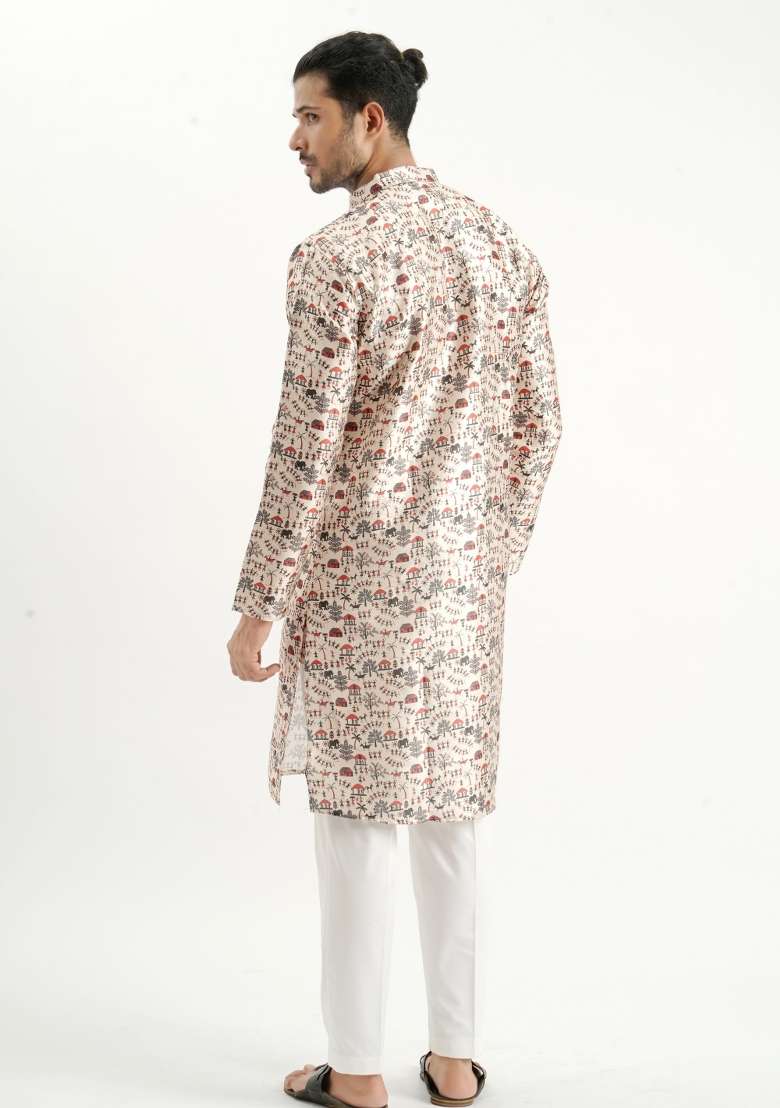 Cream Printed Silk Kurta For Men - Indya