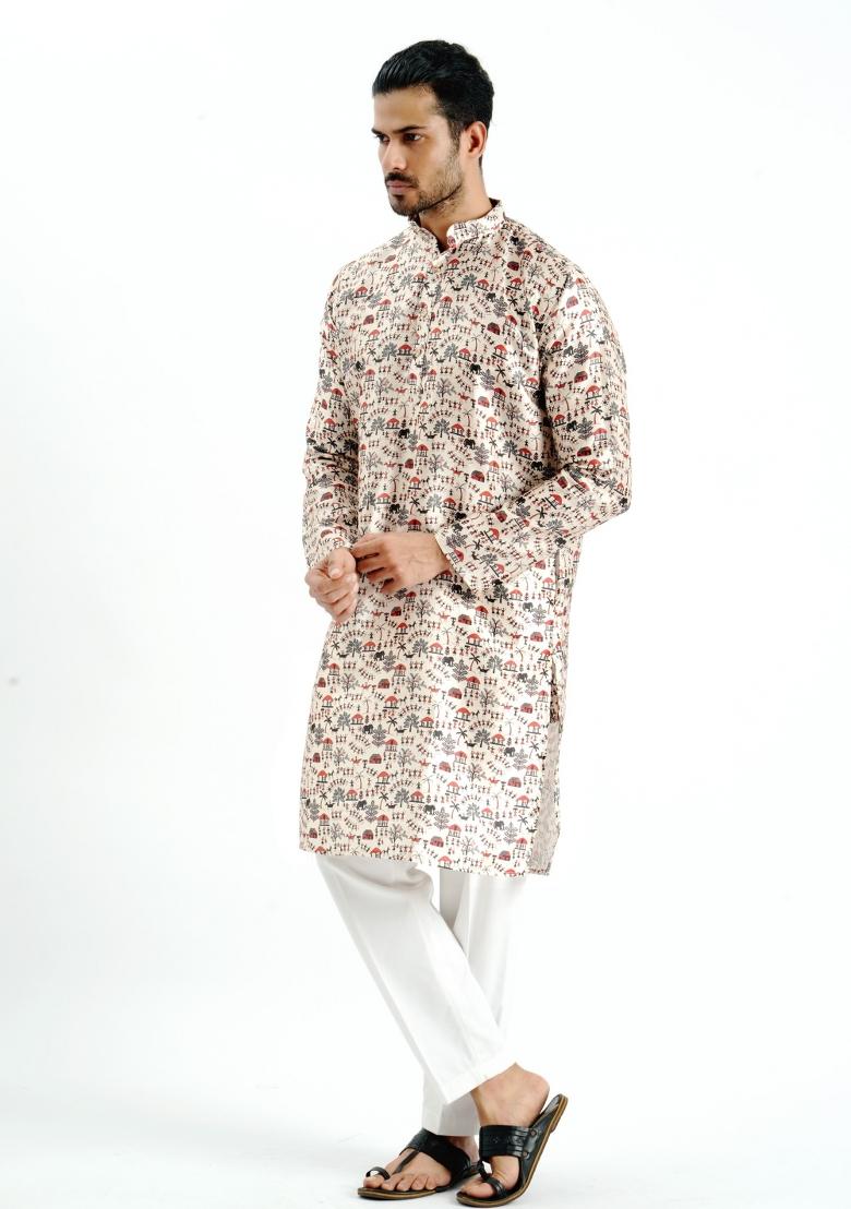 Cream Printed Silk Kurta For Men - Indya