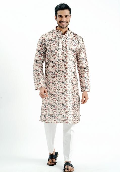 Cream Printed Silk Kurta For Men