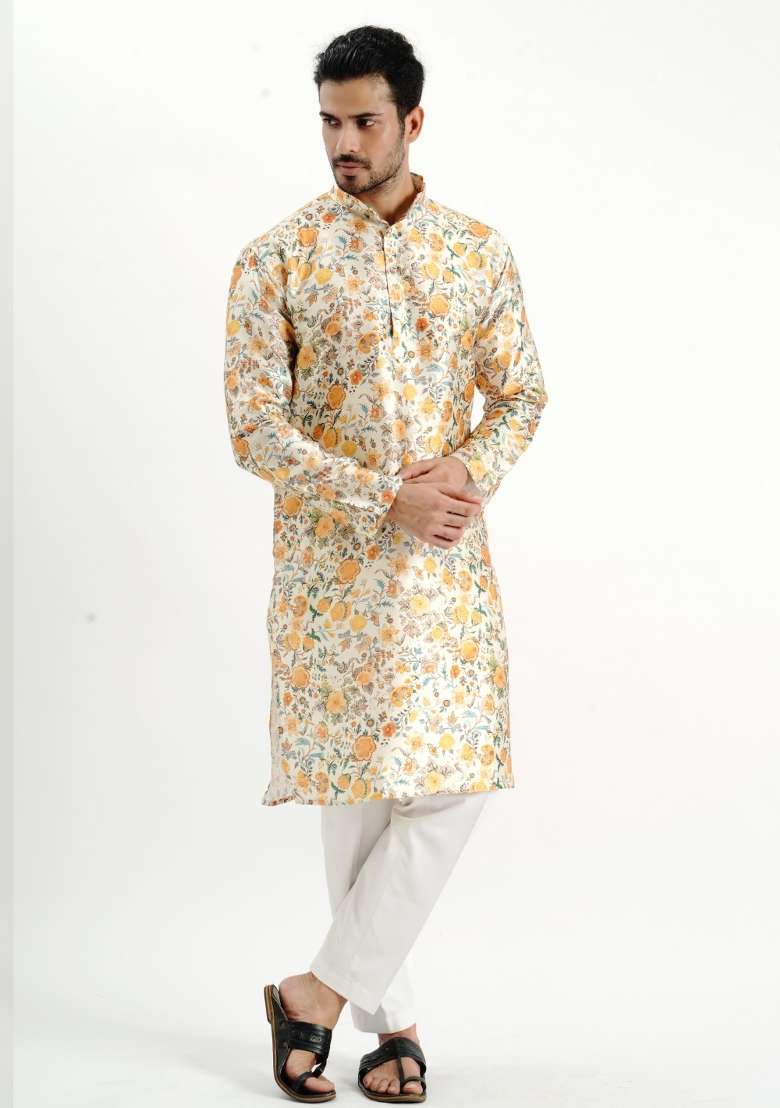Cream Printed Silk Kurta For Men - Indya