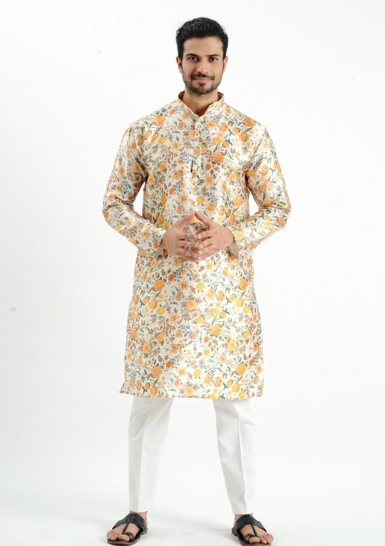 Cream Printed Silk Kurta For Men - Indya