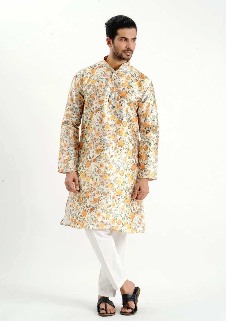 Cream Printed Silk Kurta For Men - Indya