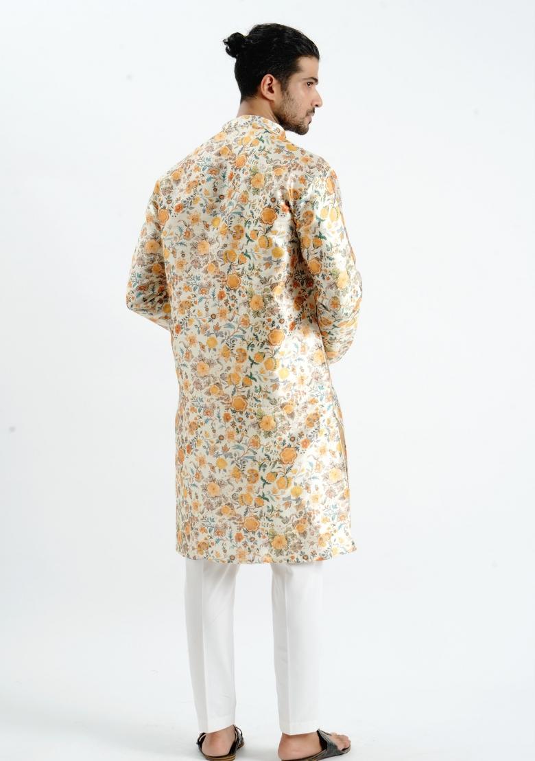 Cream Printed Silk Kurta For Men - Indya