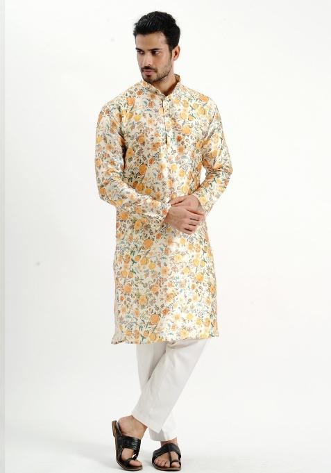 Cream Printed Silk Kurta For Men