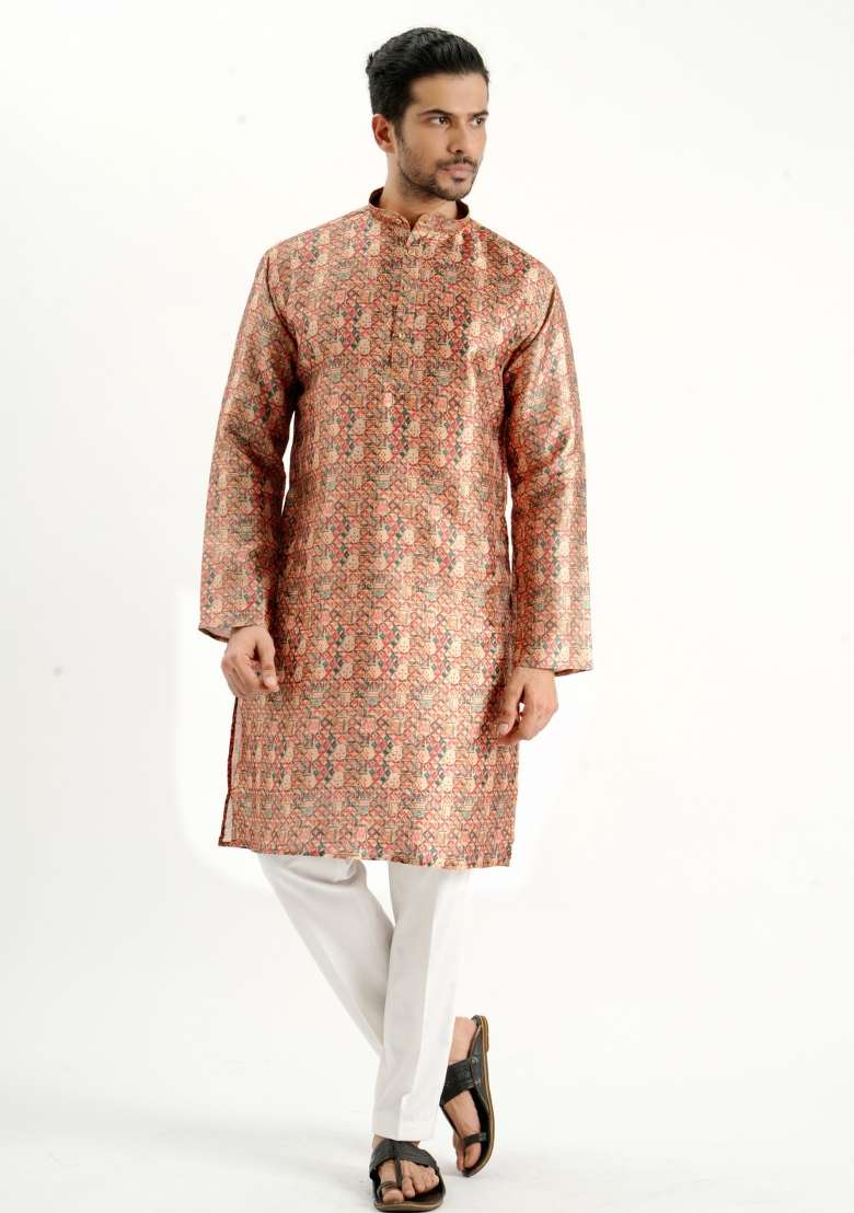 Rust Printed Silk Kurta For Men - Indya