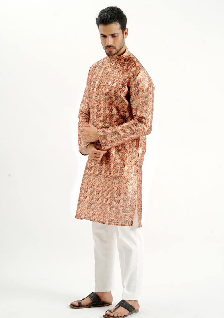 Rust Printed Silk Kurta For Men - Indya