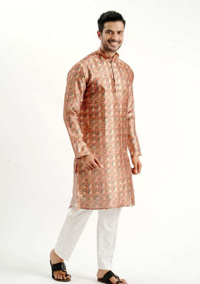 Rust Printed Silk Kurta For Men - Indya