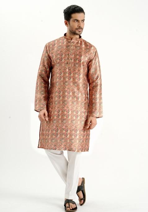 Rust Printed Silk Kurta For Men