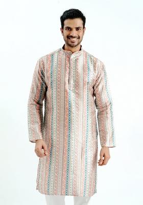 Cream Printed Silk Kurta For Men