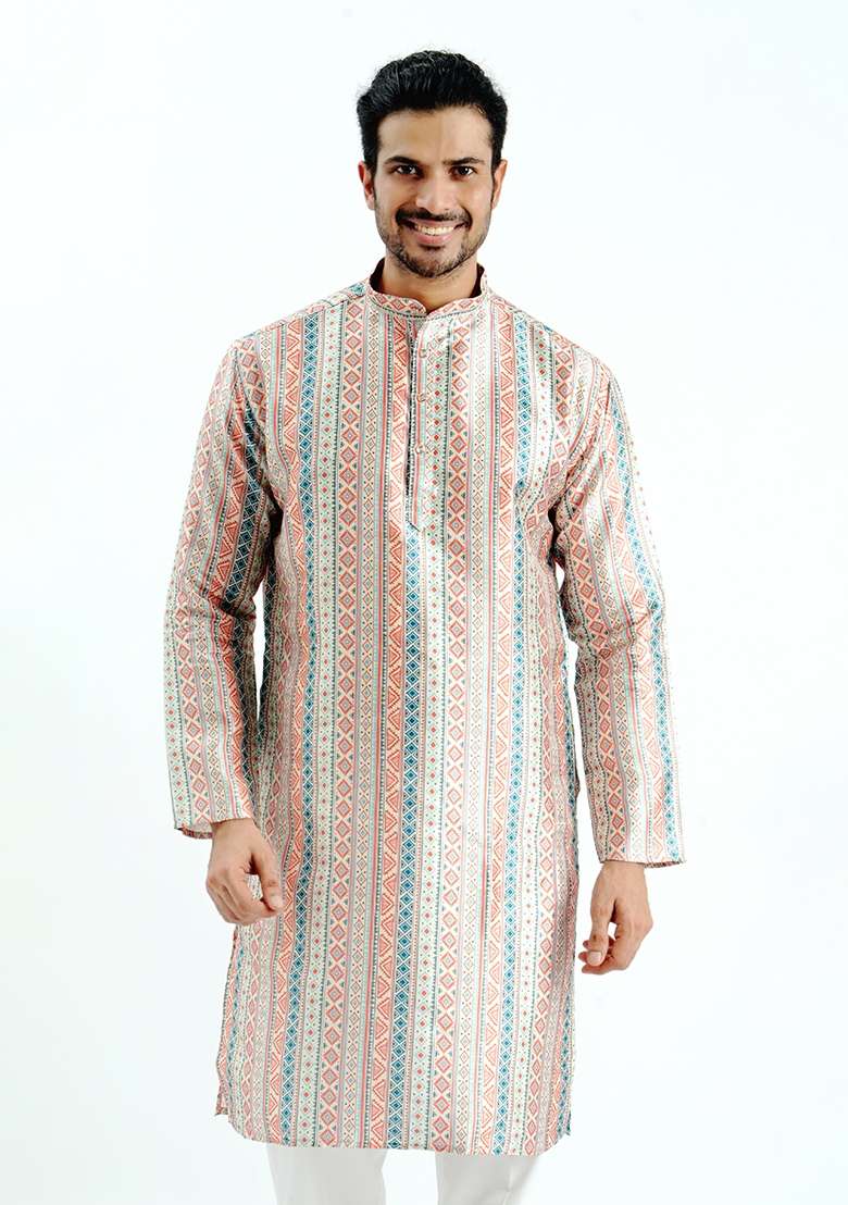 Cream Printed Silk Kurta For Men - Indya