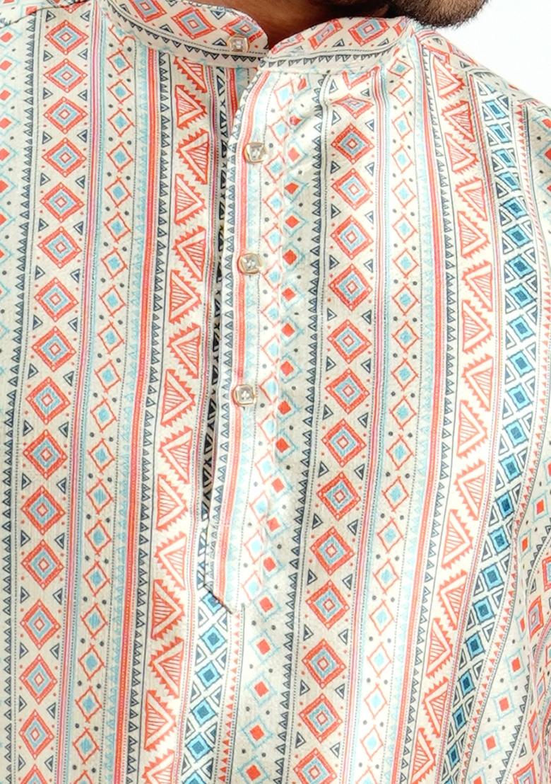 Cream Printed Silk Kurta For Men - Indya