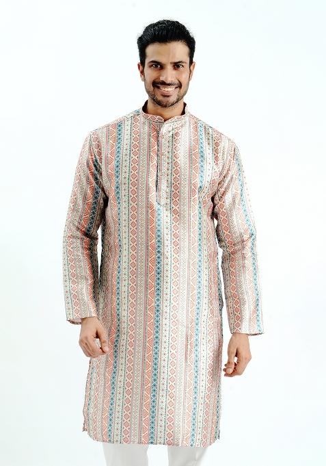 Cream Printed Silk Kurta For Men