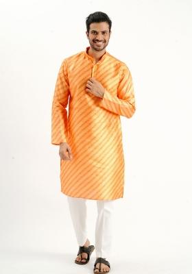 Yellow Printed Silk Kurta For Men