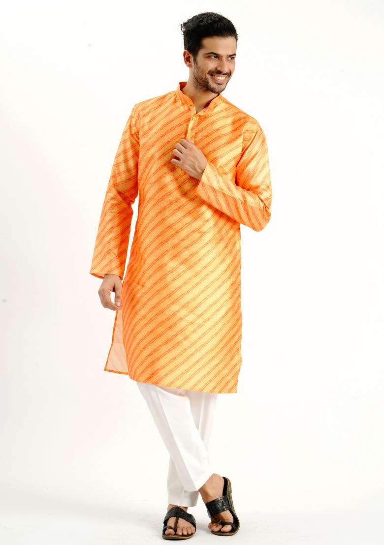 Yellow Printed Silk Kurta For Men - Indya