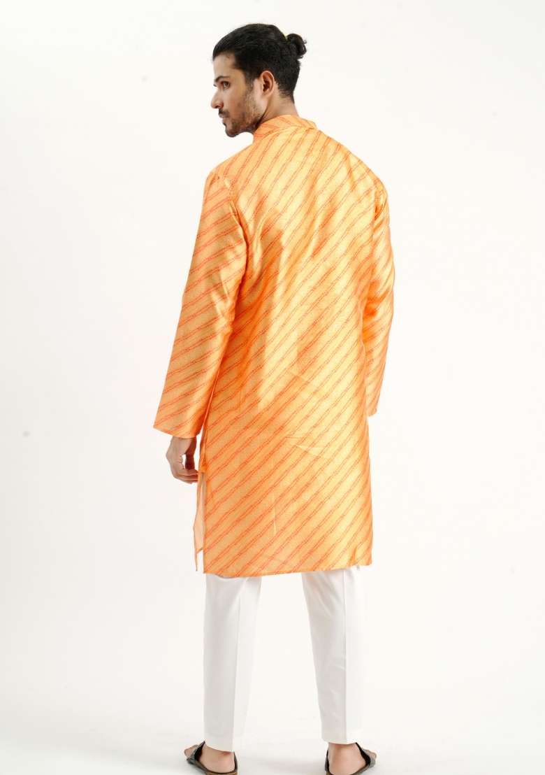 Yellow Printed Silk Kurta For Men - Indya