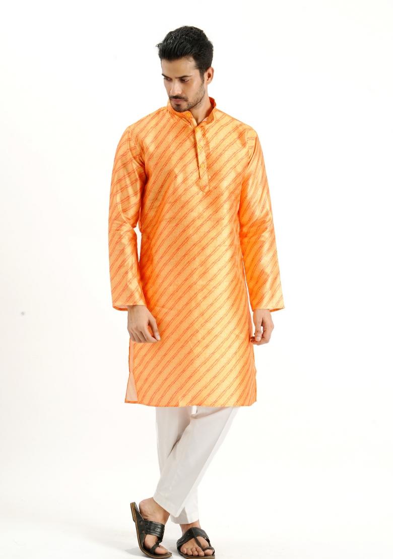 Yellow Printed Silk Kurta For Men - Indya