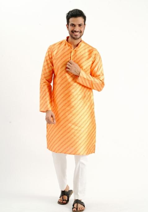 Yellow Printed Silk Kurta For Men