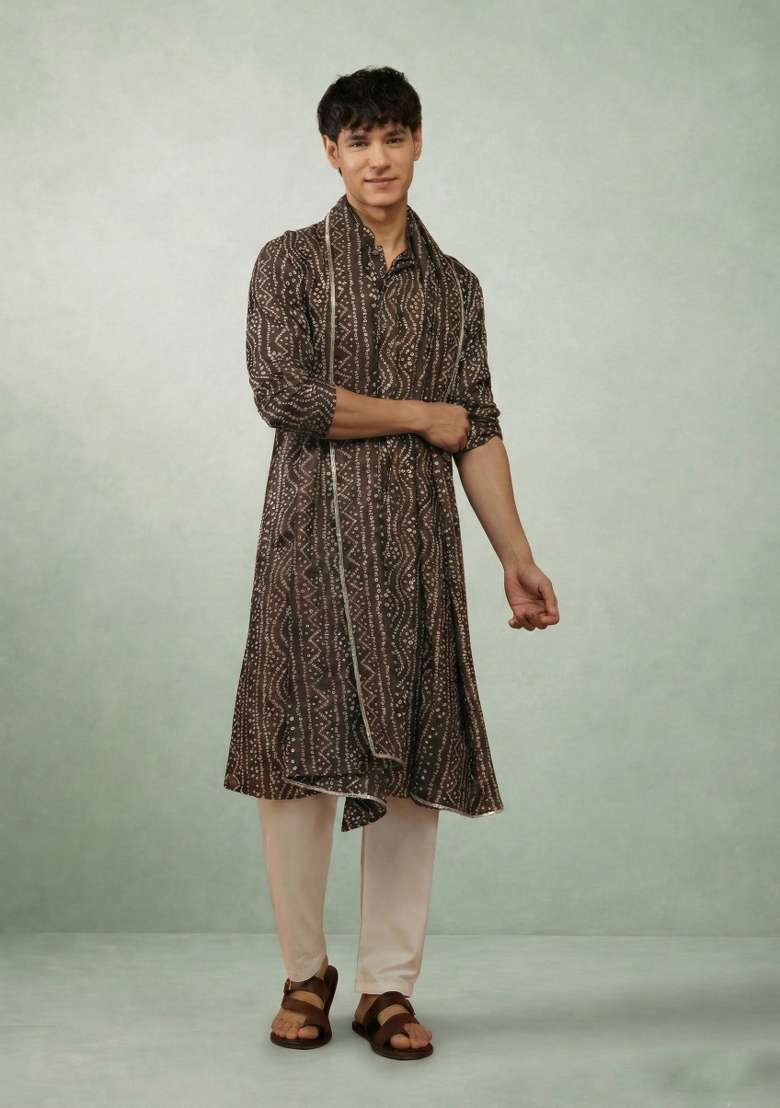 Chocolate Printed Cotton Kurta Set For Men - Indya