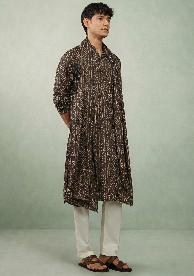 Chocolate Printed Cotton Kurta Set For Men - Indya