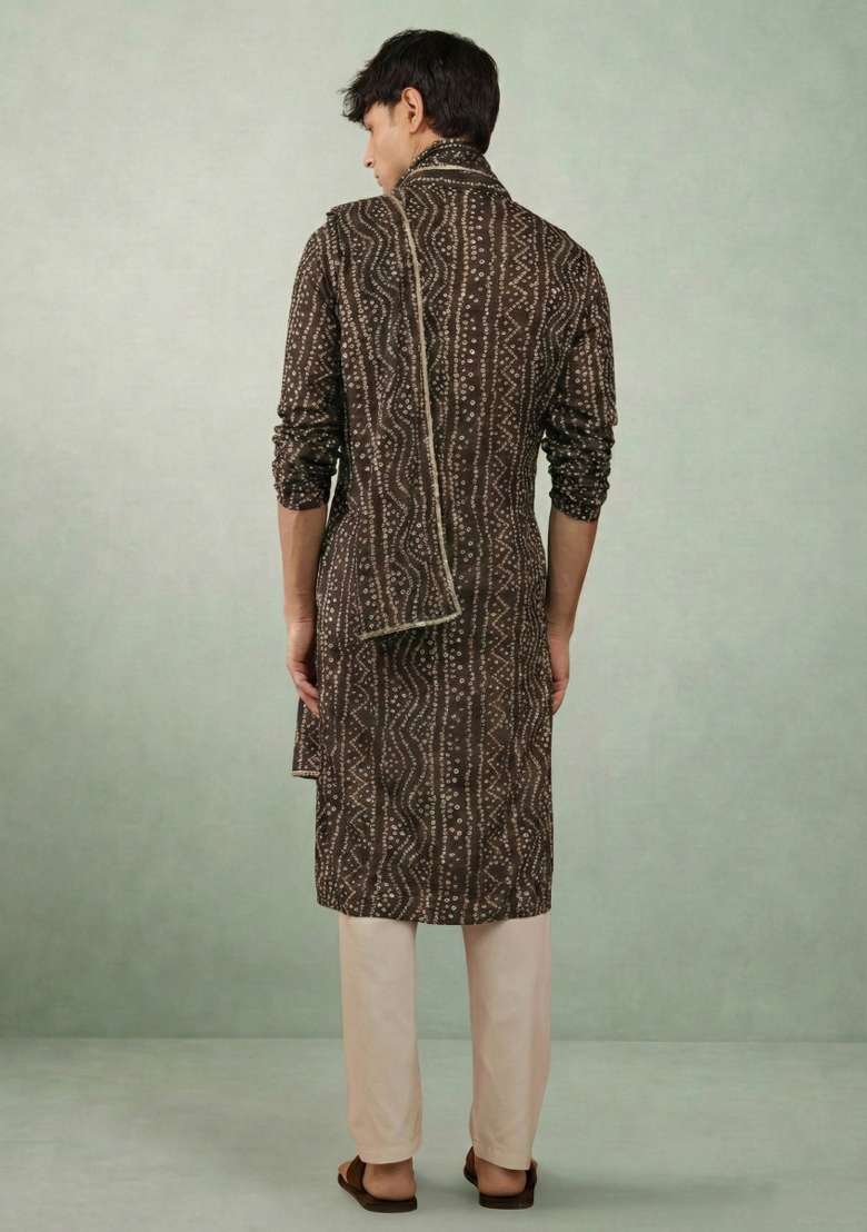 Chocolate Printed Cotton Kurta Set For Men - Indya