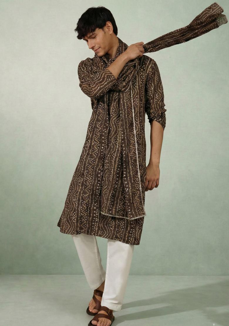 Chocolate Printed Cotton Kurta Set For Men - Indya