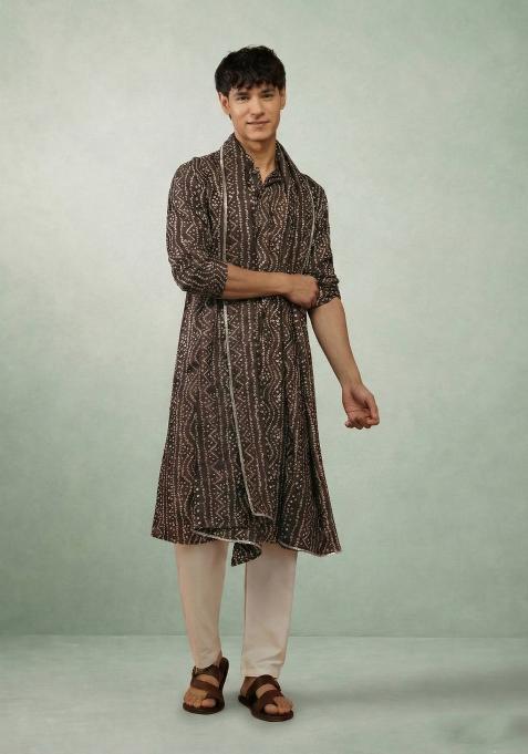 Chocolate Printed Cotton Kurta Set For Men