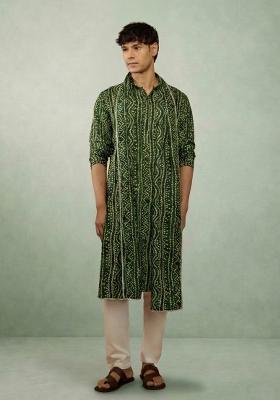 Green Printed Cotton Kurta Set For Men