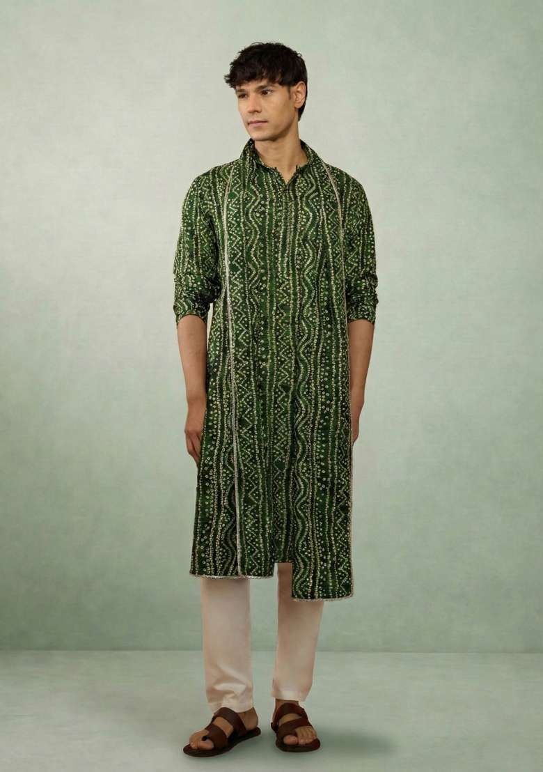 Green Printed Cotton Kurta Set For Men - Indya