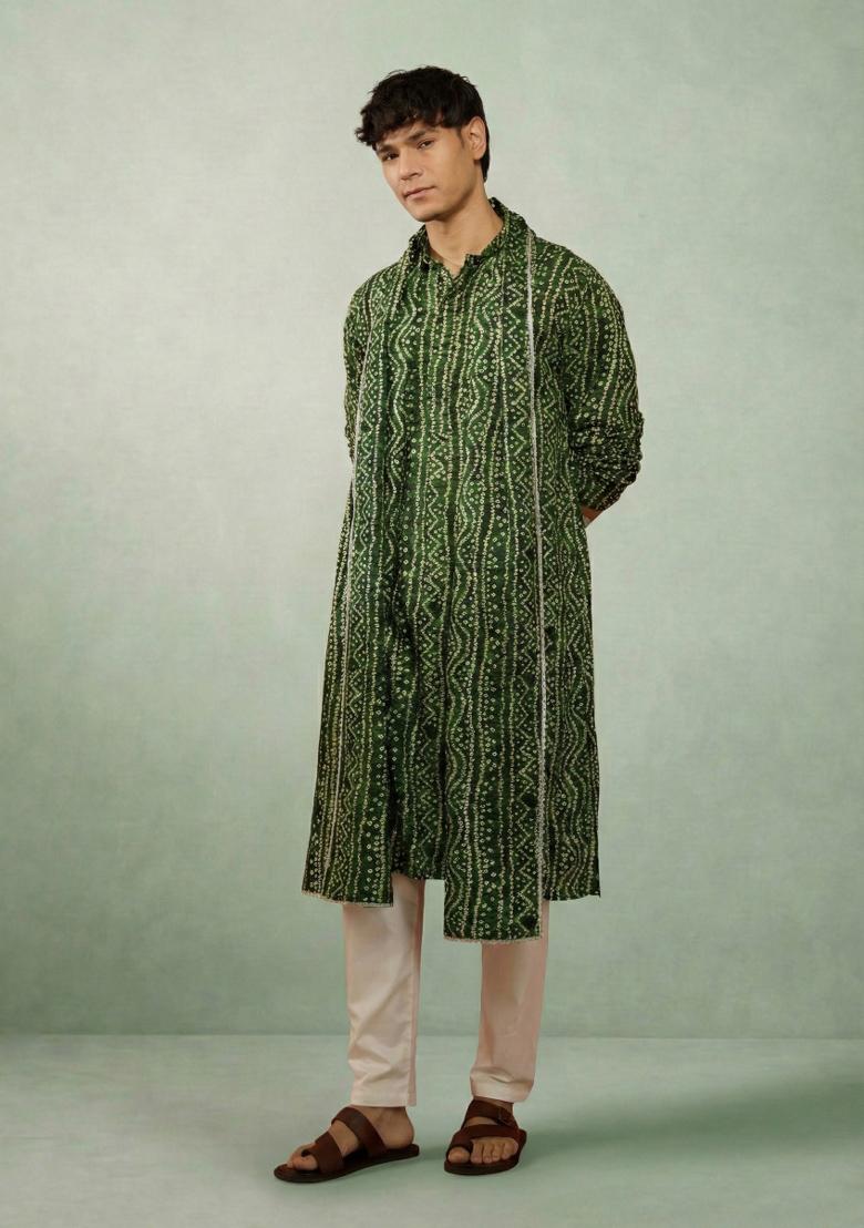 Green Printed Cotton Kurta Set For Men - Indya
