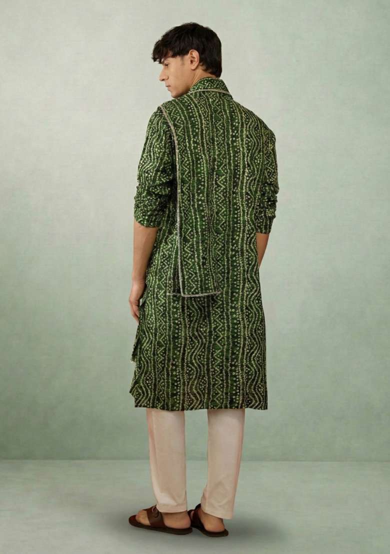 Green Printed Cotton Kurta Set For Men - Indya