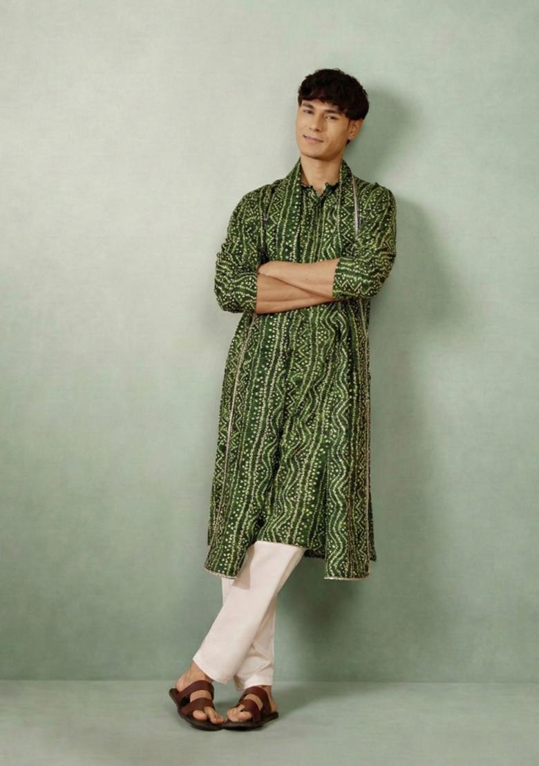 Green Printed Cotton Kurta Set For Men - Indya