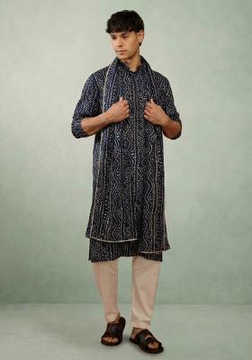 Nevy Blue Printed Cotton Kurta Set For Men