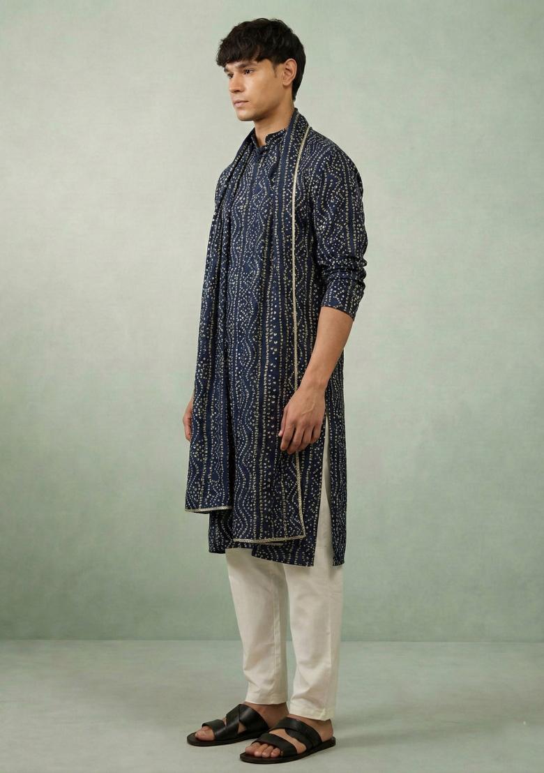 Nevy Blue Printed Cotton Kurta Set For Men - Indya