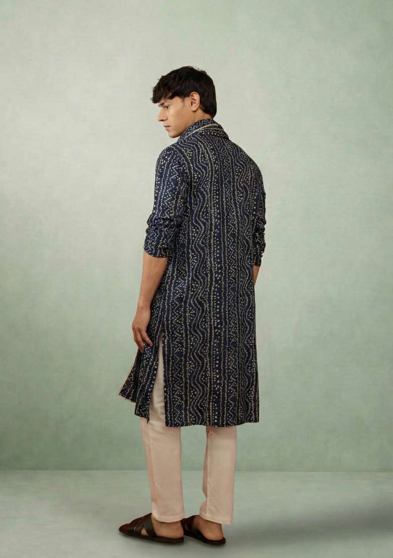 Nevy Blue Printed Cotton Kurta Set For Men - Indya