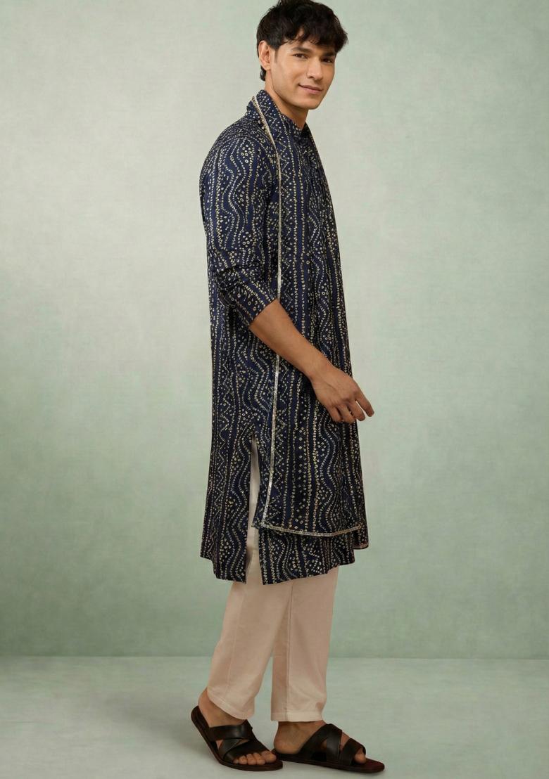 Nevy Blue Printed Cotton Kurta Set For Men - Indya