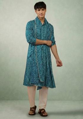Petrol Blue Printed Cotton Kurta Set For Men