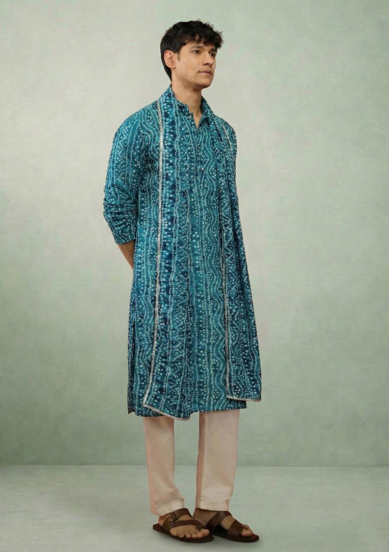Petrol Blue Printed Cotton Kurta Set For Men - Indya