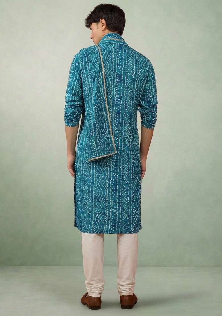 Petrol Blue Printed Cotton Kurta Set For Men - Indya