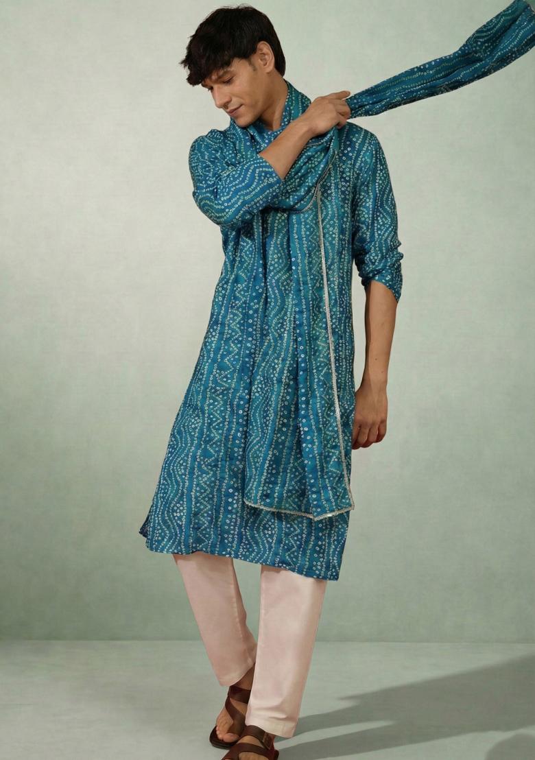 Petrol Blue Printed Cotton Kurta Set For Men - Indya