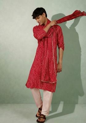 Red Printed Cotton Kurta Set For Men