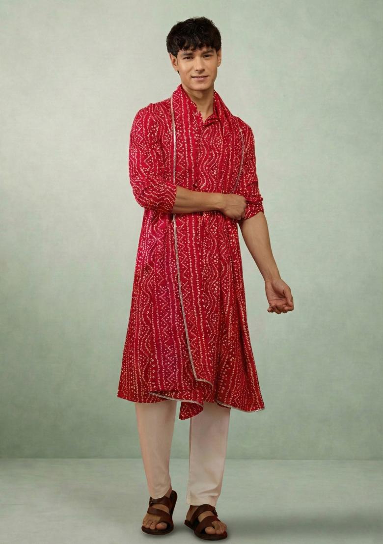 Red Printed Cotton Kurta Set For Men - Indya