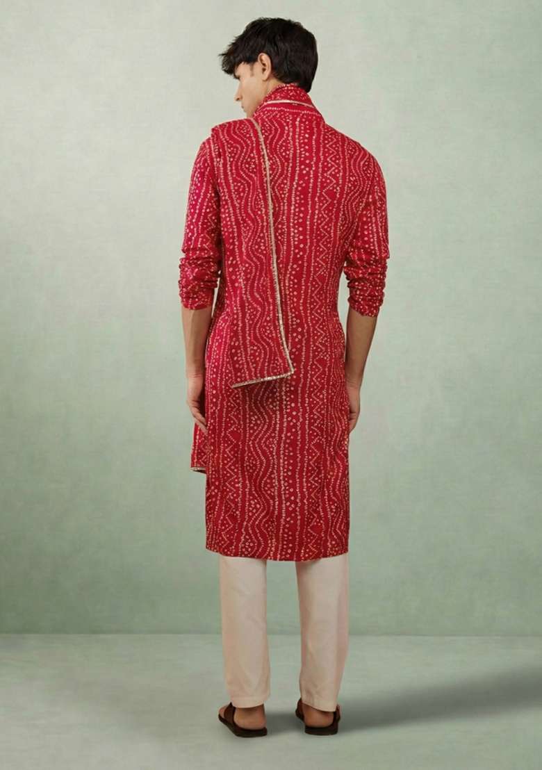 Red Printed Cotton Kurta Set For Men - Indya