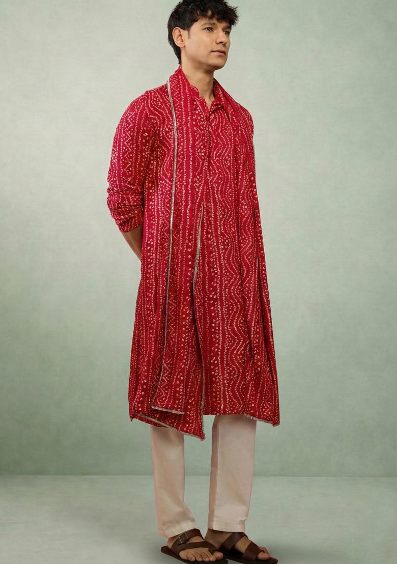 Red Printed Cotton Kurta Set For Men - Indya