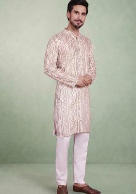 White Printed Cotton Kurta Set For Men