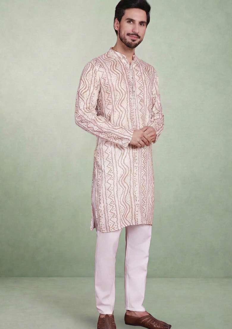 White Printed Cotton Kurta Set For Men - Indya