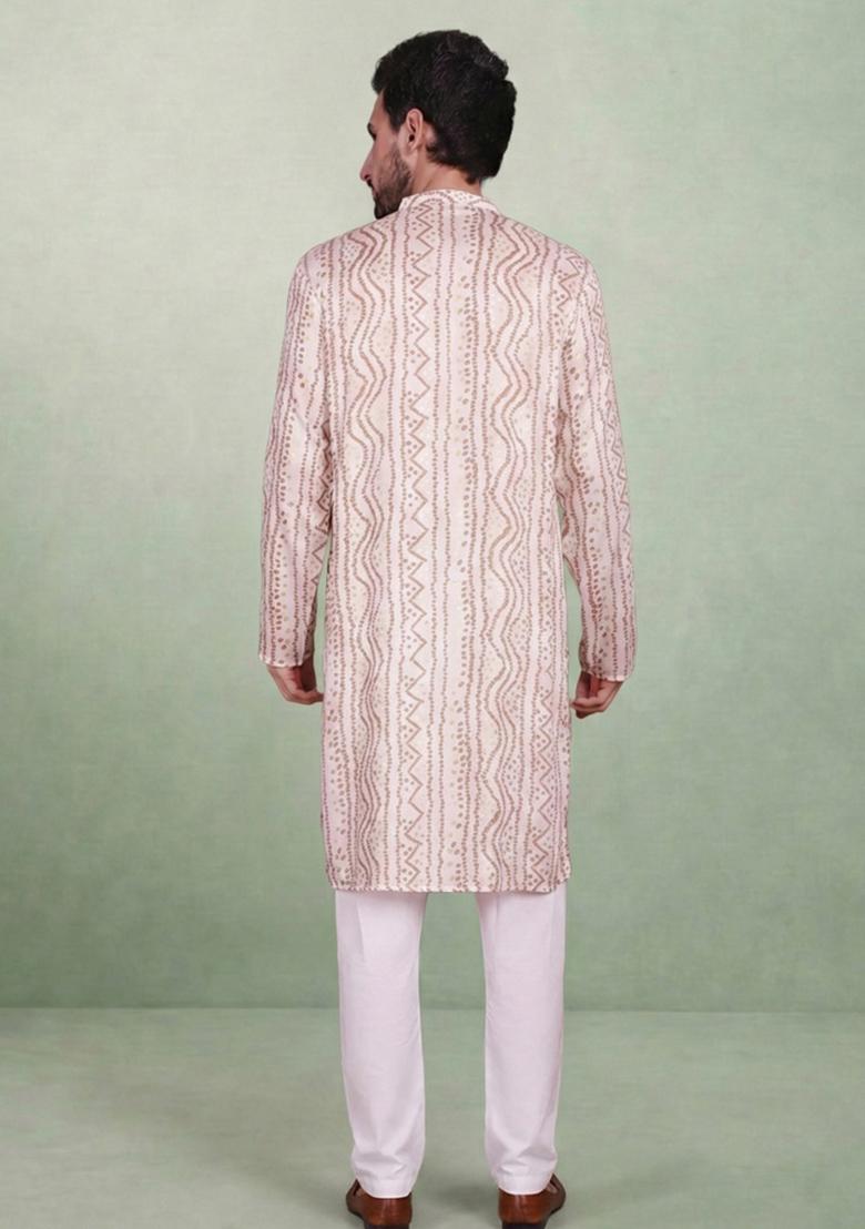 White Printed Cotton Kurta Set For Men - Indya